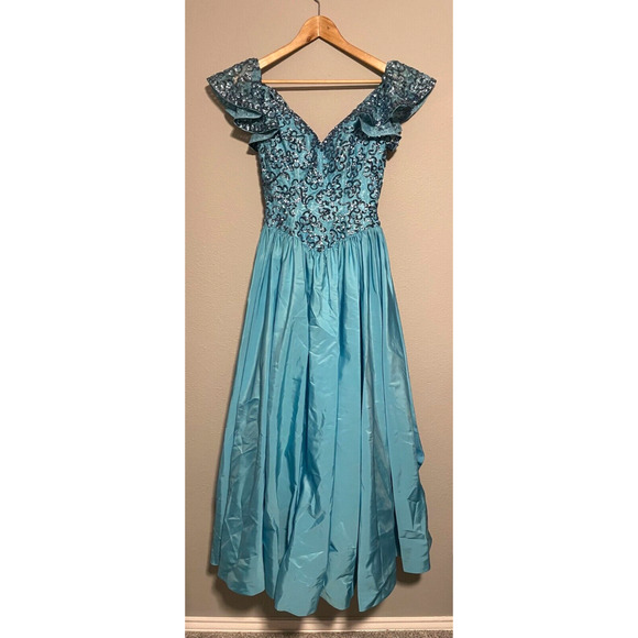 Vintage Mike Benet Formals Women Sz Gown 8 Blue Satin Sequin Sweetheart Prom 80s - Picture 1 of 7